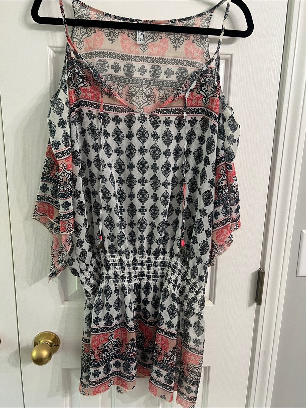 BECCA White Cold-Shoulder Printed Tunic with Black & Coral Accents